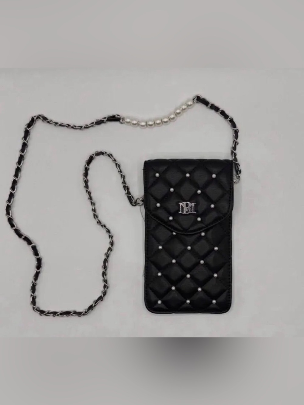 Badgley Mischka Black Quilted Crossbody with Pearl-Accent Chain